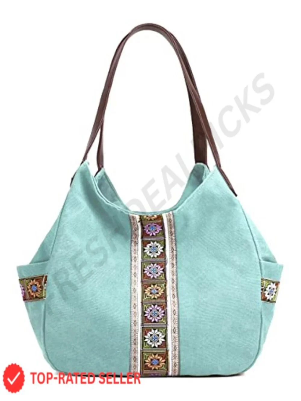 Canvas Hobo Purse Multi Pocket Tote Shoulder Bag with Embroidery